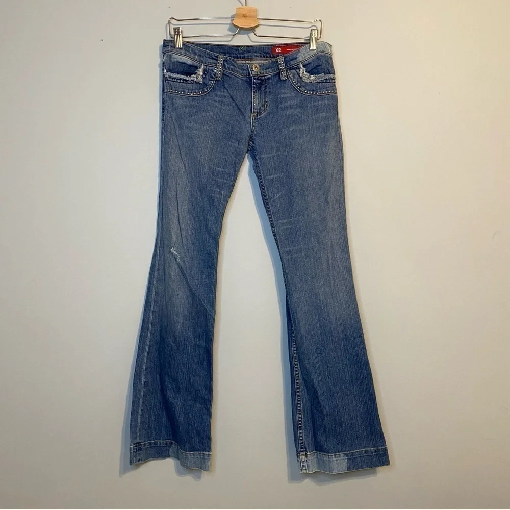 X2 Denim Laboratory Ultra Low Rise Embellished Flare Jean, Size 30